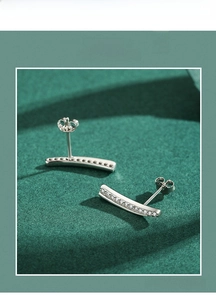 Macro view of s925 silver stud earrings with paved zircon stones on green texture