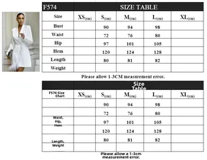 Detailed size chart for white V-neck blazer dress with feather trim and body measurements