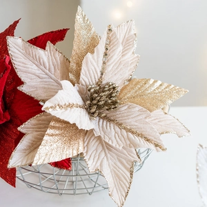 27cm velvet poinsettia Christmas tree decoration with glitter and sequins in a wire basket