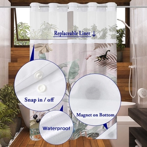 Detail of waterproof shower curtain with snap-in liner and magnetic weighted hem
