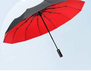 Close-up of dual-layer automatic folding umbrella with black exterior and red interior