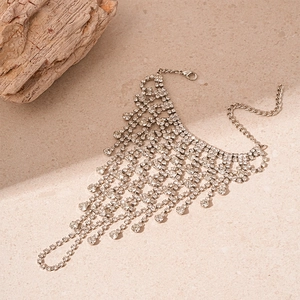Elegant silver mesh slave bracelet with rhinestone water drop tassels and finger ring