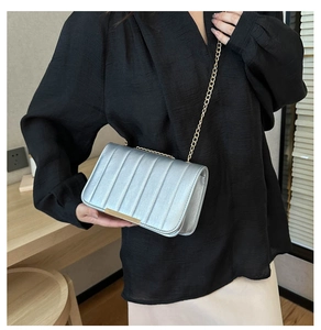 Detail of silver quilted crossbody bag featuring a gold chain strap and metal bar trim