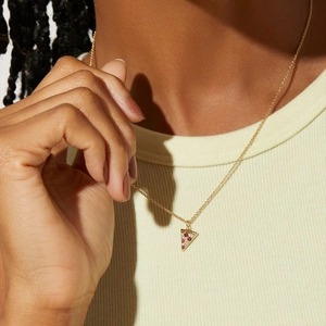 Golden pizza slice pendant necklace with red and white sparkling crystals for women