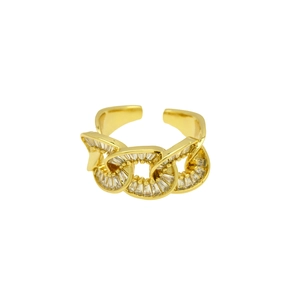 Close-up of gold plated ring with linked circular bands and sparkling zircon inlay