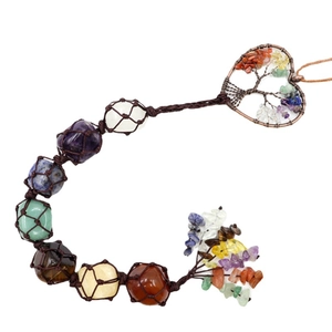 Handmade Tree of Life car hanging with natural 7 chakra crystals in woven wax rope