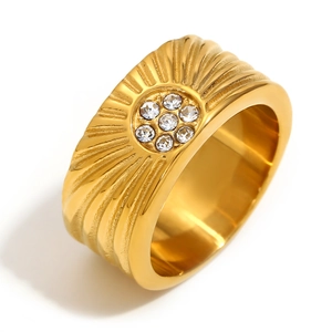 18K gold plated wide band stainless steel ring with sunburst texture and zircon circle