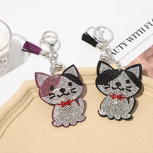 Close-up of cat-shaped rhinestones keychains with leather tassel and metal bell in a tray