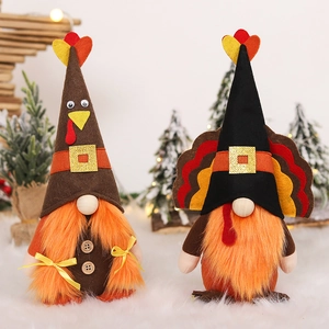 Gnome De Dindon De Thanksgiving Poupée En Peluche Sans Visage Déco Automne Tissu Fourrure Bois Fond Lesté Table