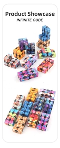 Various printed Infinite Cubes showing flipping motion and multiple color patterns