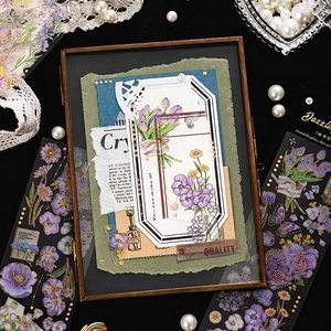 Vintage floral scrapbooking stickers with gold foil details and butterfly motifs