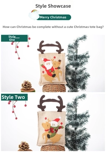Detail of Christmas gift bags with reindeer antlers and embroidered snowman patterns