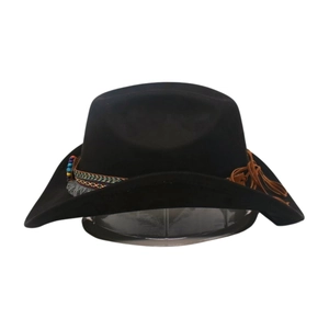Detailansicht eines schwarzen Cowboyhuts mit buntem Ethno-Webband und Quastenverziers