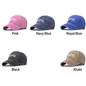 Washed cotton baseball caps with mimi embroidery in pink navy blue black and khaki