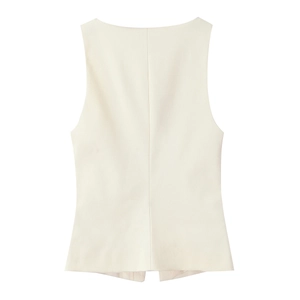 Detailed back view of white sleeveless waistcoat showing central seam and woven fabric