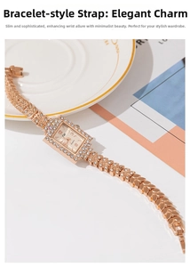 Detail of rose gold rectangular watch with leaf-shaped bracelet links and crystal bezel