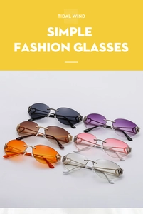 Detailed view of rimless Y2K sunglasses with heart crystal accents in multiple colors