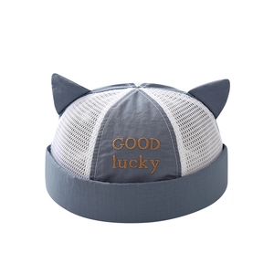 Kids navy mesh Miki hat with cute cat ears and Good Lucky embroidery detail