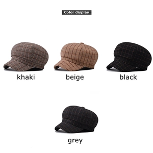 Classic plaid octagonal newsboy hat for women available in khaki beige black and grey colors