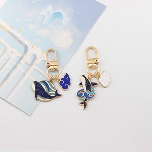 Cartoon whale enamel keychains with blue clouds and gold plating for couples and bags