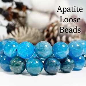 Natural Apatite Round Loose Beads Smooth Polished Blue Gemstone Crystal For DIY Jewelry Making Bracelet