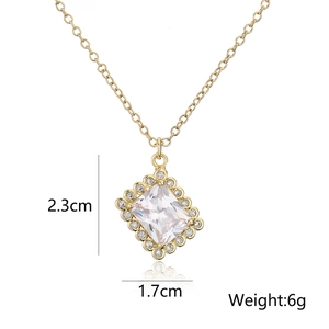 Detail view of 18K gold plated square emerald zircon necklace with weight and size specs