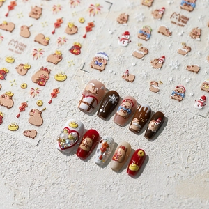 5D Embossed Capybara Nail Art Stickers Cute Cartoon Chinese New Year Gold Ingot Winter Christmas Snowflake Decoration