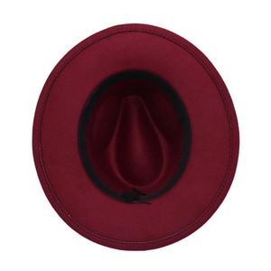 Detailed top view of a burgundy felt fedora hat with wide brim and internal sweatband