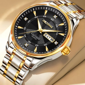 Men's two-tone luxury quartz watch with black dial and luminous day-date display