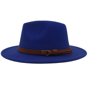 Close-up of royal blue wool fedora hat featuring a brown leather belt with gold buckle