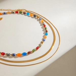 Double-layered gold snake chain and colorful natural stone bead necklace for women