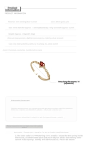 Detailed view of S925 silver adjustable ring with heart-shaped red zircon gemstone