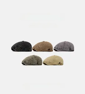 Five assorted colors of washed denim flat caps with adjustable buckles and retro texture