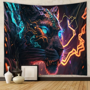 Detail of neon tiger tapestry with vibrant blue and orange lines on a grey textured wall