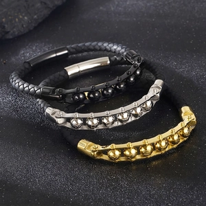 Braided Split Leather Bracelet With Stainless Steel Mantra Rotating Beads Men Retro Ethnic Jewelry Magnetic Clasp