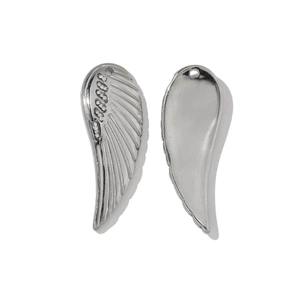 Detailed view of silver stainless steel angel wing charms with crystal inlay and feather texture