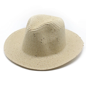 Classic beige woven straw sun hat with subtle sequins and elegant panama style crown