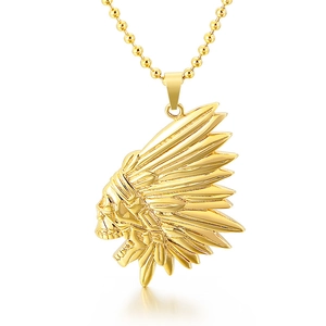 Gold stainless steel indian chief skull pendant necklace with detailed feather headdress