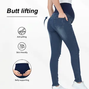 High waist skinny maternity jeans with belly support and butt-lifting effect in dark blue