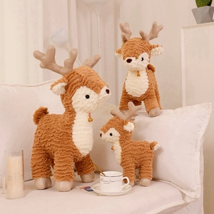 Plush Christmas reindeer toy set in striped brown and beige fabric for holiday decoration