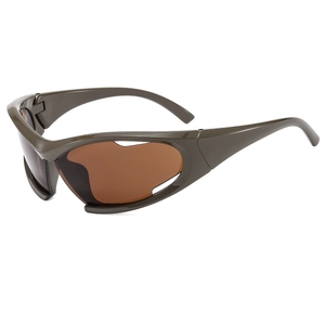 Y2K futuristic sports sunglasses with wraparound frames in dark olive and brown