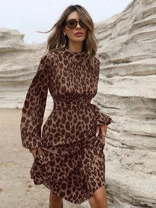 Women Leopard Print Maxi Dress Long Sleeve High Neck Slim Fit Polyester Spandex Bohemian Western Style Fashion Autumn