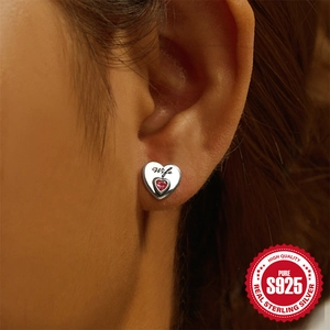 925 silver heart stud earrings with Wife engraving and a pink gemstone inlay