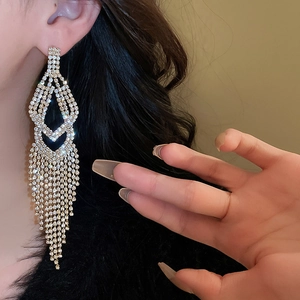 Macro shot of elegant long tassel earrings with sparkling rhinestones and geometric design