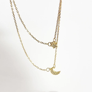 Double-layer gold 925 silver necklace with sparkling star and moon cubic zirconia pendants