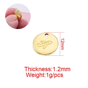 12mm 18K gold plated stainless steel round pendant with engraved airplane icon