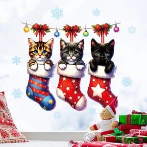 Stickers Fenêtre Noël Chaton Mignon Dans Chaussettes PVC Autocollants Muraux Fête Flocons De Neige Étoiles Décoration