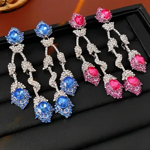 Vintage Flower Tassel Dangle Earrings Alloy Rhinestone Glass With Silver Earring Post Elegant Wedding Party For Women