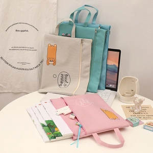 Cute cartoon A4 oxford fabric file bags with double zippers in multiple pastel colors