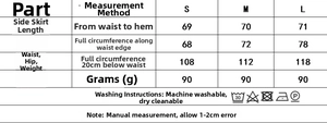 Detailed size chart for plaid midi skirt set including waist and length measurements